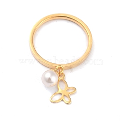 Dual-use Items, 304 Stainless Steel Finger Rings or Pendants, with Plastic Round Beads, Butterfly, White, Golden, US Size 5~9(15.7~18.9mm)(RJEW-O045-12-G)