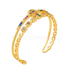 Brass Pave Colorful Cubic Zirconia 2-Strand Open Cuff Bangles for Women, Real 18K Gold Plated, Rectangle, Inner Diameter: 2-1/8 inch(5.4cm)(BJEW-S147-34G-A)