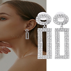 1 Pairs Brass Rhinestone Ring with Rectangle Dangle Stud Earrings for Women, Platinum, 56x13mm(EJEW-LP0001-91P)
