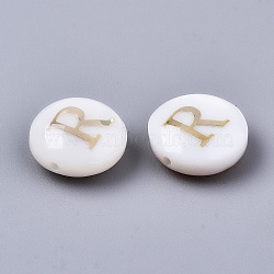 Natural Freshwater Shell Beads, with Golden Plated Brass Etched Metal Embellishments, Flat Round, Seashell Color, Letter.R, 8x3~5mm, Hole: 0.5~07mm(SHEL-S266-12R)