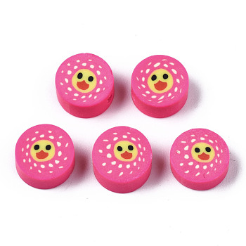 Handmade Polymer Clay Beads, for DIY Jewelry Crafts Supplies, Flat Round with Duck, Camellia, 8.5~9.5x4~5mm, Hole: 1.6mm