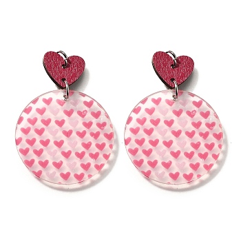 Printed Acrylic Pendants, with Poplar & Platinum Loop, Pink, Flat Round, 49x35x2.5mm, Hole: 5mm