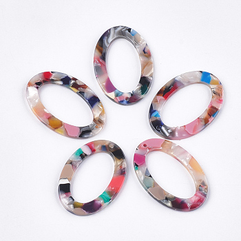 Cellulose Acetate(Resin) Pendants, Oval, Colorful, 37x25.5x2.5mm, Hole: 1.5mm