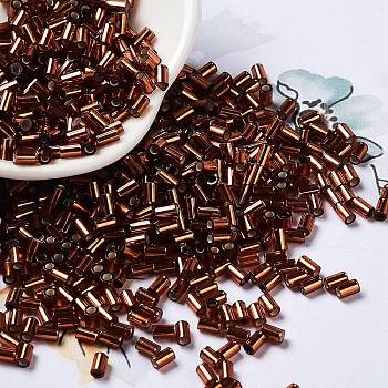 Baking Paint Glass Round Bugle Beads, Silver Lined, Tube, Saddle Brown, 3.5~3.8x2~2.5mm, Hole: 1.2mm
