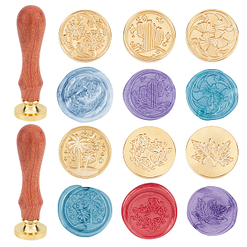 SUPERDANT 6Pcs 6 Style Wax Seal Brass Stamp Head, with Flower Pattern, Tree Pattern, Cactus Pattern, Leaf Pattern, Rose Pattern, with 2Pcs Pear Wood Handle, for Wax Seal Stamp, Floral Pattern, Stamp Head: 25x14.5mm, 1pc/style
