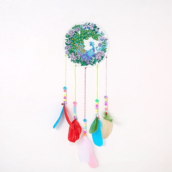 DIY Diamond Painting Hanging Woven Net/Web with Feather Pendant Kits, Including Acrylic Plate, Pen, Tray, Bells and Random Color Feather, Wind Chime Crafts for Home Decor, Peacock Pattern, 400x146mm