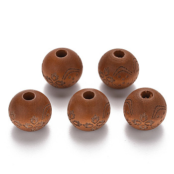 Painted Natural Wood Beads, Laser Engraved Pattern, Round with Flower Pattern, Peru, 16x15mm, Hole: 4mm