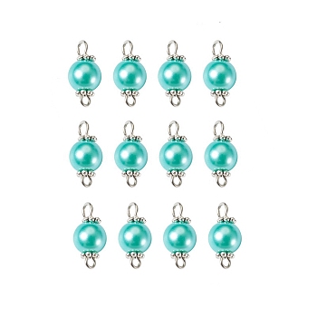 Glass Pearl Round Bead Connector Charms, with Platinum Plated Double Iron Loops and Alloy Daisy Spacer Beads, Turquoise, 17x8~9mm, Hole: 3.5mm