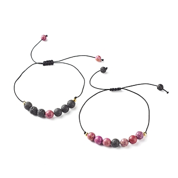 Natural Imperial Jasper(Dyed) Braided Bead Bracelets Set for Girl Women, Aromatherapy Essential Oil Diffuser Natural Lava Rock Beads Bracelets, Pink, Inner Diameter: 3/4~4-3/8 inch(1.75~11.05cm), 2pcs/set