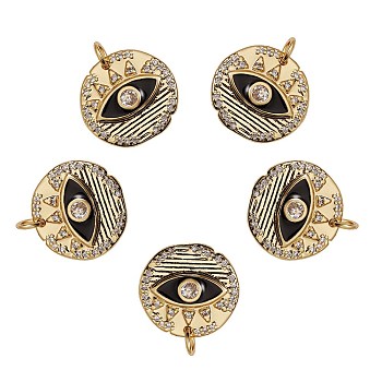 5Pcs Brass Micro Pave Clear Cubic Zirconia Pendants, Long-Lasting Plated, with Jump Rings & Black Enamel, Flat Round with Eye, Real 18K Gold Plated, 16.5x17x2.3mm, Hole: 3.2mm