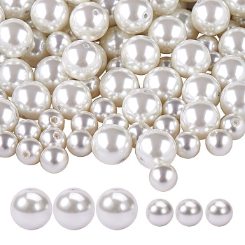 100Pcs 2 Style Glass Pearl Beads, Half Drilled, Pearlized, Round, Creamy White, 50pcs/style
