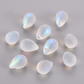 Transparent Spray Painted Glass Charms, AB Color Plated, Frosted, Teardrop, Clear AB, 14x10x10mm, Hole: 1mm