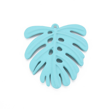 Spray Painted Alloy Pendants, Tropical Leaf Charms, Cadmium Free & Lead Free, Monstera Leaf, Turquoise, 35.5x33x2mm, Hole: 1.2mm