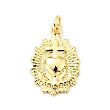 Brass Pendants, with Jump Ring, Cadmium Free & Lead Free, Badge with Cross & Heart, Real 18K Gold Plated, 19x12.5x2.5mm