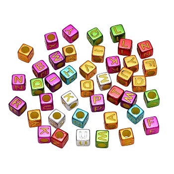 Plating Acrylic Beads, Cube with Initial Letter, Mixed Color, Random Mixed Letters, 6x6x6mm, Hole: 3.5mm, 1600pcs/250g