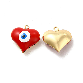 Brass Enamel Pendants, Real 18K Gold Plated, Long-Lasting Plated, Heart with Evil Eye, Red, 17x16.5x7mm, Hole: 1.2mm