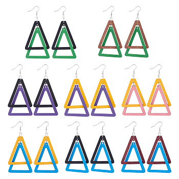 8 Pairs 8 Colors Wood Double Triangle Dangle Earrings with Iron Pins, Mixed Color, 90.5x43.5mm, 1 Pair/color
