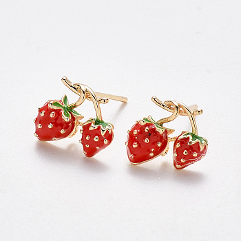 Brass Enamel Ear Studs, with Stainless Steel Pins, Nickel Free, Strawberry, Real 18K Gold Plated, 9.5x11mm, Pin: 0.8mm