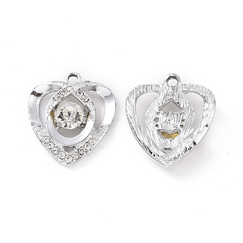Alloy Crystal Rhinestone Pendants, Heart Charms, Platinum, 23x20.5x6mm, Hole: 2mm