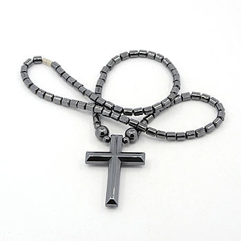 Mens Saint Cross Magnetic Synthetic Hematite Pendant Necklaces, with Brass Magnetic Clasps, Black, 18.1 inch