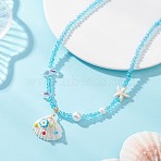 Ocean Natural Shell Copper Wire Wrapped Flower Shell Pendant Faceted Rondelle Glass and Round Shell Pearl Beaded Necklaces, Golden, Light Sky Blue, 17.80 inch(45.2cm)(NJEW-TA00222)