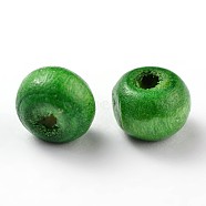 Dyed Natural Wood Beads, Round, Lead Free, Green, 6x4~5mm, Hole: 2mm, about 13600pcs/1000g(WOOD-Q006-6mm-05-LF)