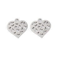 316 Stainless Steel Charms, Heart Charm, Laser Cut, Stainless Steel Color, 13x13x1mm, Hole: 1.5mm(STAS-C096-12C-P)