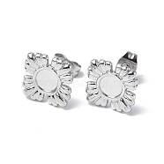 304 Stainless Steel Stud Earring Findings, Flower with Round Tray Earring Settings, with Ear Nuts, Stainless Steel Color, Tray: 5mm, 11x11mm, Pin: 0.7mm(STAS-F286-14P)