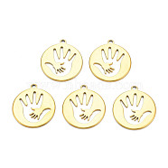 Ion Plating(IP) 201 Stainless Steel Pendants, Flat Round with Palm, Nickel Free, Real 18K Gold Plated, 24.5x21.5x1.5mm, Hole: 2mm(STAS-T063-183G)
