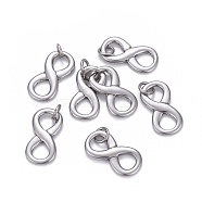 Non-Tarnish 304 Stainless Steel Charms, with Jump Ring, Infinity, Stainless Steel Color, 20.5x10.5x2mm, Hole: 4mm(X-STAS-L218-17P)