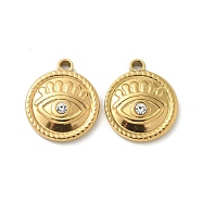 304 Stainless Steel Pendants, with Rhinestone, Golden, Eye Charm, Flat Round, 18x15.5x3.5mm, Hole: 1.8mm(STAS-I322-32G-01)