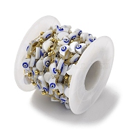 Ion Plating(IP) 316 Stainless Steel Satellite Chains, with Moon with Evil Eye Natural White Shell Enamel Beaded, with Spool, Soldered, Real 18K Gold Plated, 8x5.5x3.5mm(AJEW-Z026-01C)