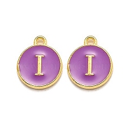 Golden Plated Alloy Enamel Charms, Enamelled Sequins, Flat Round with Alphabet, Letter.I, Purple, 14x12x2mm, Hole: 1.5mm(ENAM-Q437-12I)