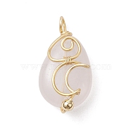 Natural Rose Quartz Copper Wire Wrapped Pendants, Teardrop Charms with Moon, Golden, 24x13x7.5~8mm, Hole: 2~2.5mm(PALLOY-JF02598-01)