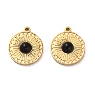 304 Stainless Steel Pave Natural Obsidian Flat Round Charms, Real 14K Gold Plated, 13.5x12x3mm, Hole: 1.2mm(STAS-L022-079G)