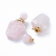 Faceted Natural Rose Quartz Openable Perfume Bottle Pendants, Essential Oil Bottles, with Golden Tone 304 Stainless Steel Findings, 35.5~37.5x23x13.5mm, Hole: 1.8mm, Capacity: about 2ml(0.06 fl. oz)(G-E564-09B-G)