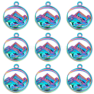 201 Stainless Steel Pendants, Flat Round with Mountain Charm, Rainbow Color, 24x20x3mm, Hole: 1.8mm, 12pcs/box(STAS-CN0001-33)