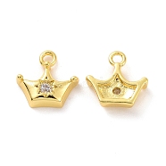 Brass Micro Pave Clear Cubic Zirconia Charms, with Jump Ring, Crown, Real 18K Gold Plated, 9.5x10x3mm, Hole: 1.4mm(KK-E068-VF198)