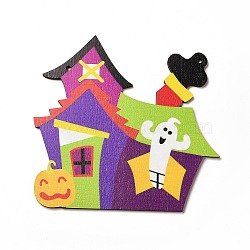 Single Face Printed Wood Big Pendants, Halloween Charms, Castle, 141x147x3.5mm, Hole: 4mm(WOOD-I010-09G)