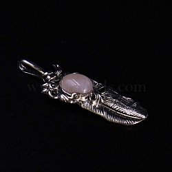 Natural Rose Quartz Big Pendants, Platinum Plated Alloy Feather Charms, 60x18mm(FIND-PW0015-26B)