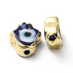 Handmade Evil Eye Lampwork Beads, with Golden Plated  Brass Edge, Long-Lasting Plated, Hamsa Hand, Midnight Blue, 15~17x11.5~12.5x5~5.5mm, Hole: 1.8mm(LAMP-F026-03B)
