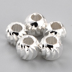 Brass Beads, Long-Lasting Plated, Corrugated Round, 925 Sterling Silver Plated, 4.5x4mm, Hole: 1.8mm(KK-O133-315C-S)