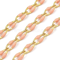Ion Plating(IP) Brass Dapped Chains, Cable Chains with Enamel, Real 18K Gold Plated, Soldered, with Spool, Flat Oval, Light Coral, 8.5x4x1.5mm, about 32.81 Feet(10m)/Roll(CHS-K018-14B-06)
