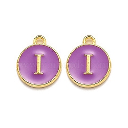 Golden Plated Alloy Enamel Charms, Enamelled Sequins, Flat Round with Alphabet, Letter.I, Purple, 14x12x2mm, Hole: 1.5mm(ENAM-Q437-12I)