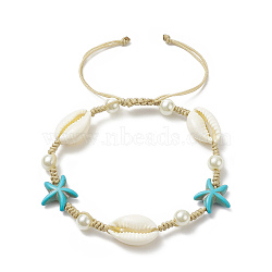 Synthetic Turquoise(Dyed) Starfish & Natural Shell & Glass Pearl Braided Bead Bracelet, Adjustable Ocean Theme Bracelet for Women, White, Inner Diameter: 2-1/8~3-3/8 inch(5.5~8.5cm)(X-BJEW-TA00218)