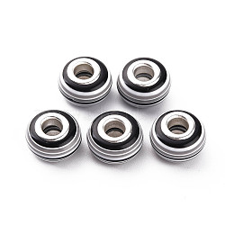Resin European Stripe Beads, Large Hole Beads, with Silver Color Plated Brass Cores, Rondelle, Black, 14x8.5mm, Hole: 5mm(RPDL-T003-004A)