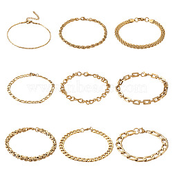 304 Stainless Steel Chain Bracelets, with Lobster Claw Clasps, Mixed Color, 9pcs/set(STAS-TA0004-58)