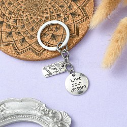 Alloy Keychain, Flat Round & Rectangle with Word, Antique Silver & Platinum, 7.4cm(KEYC-YW00037-01)