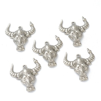 304 Stainless Steel Pendants, Cattle Head, Stainless Steel Color, 28x25x4.5mm, Hole: 1.6mm