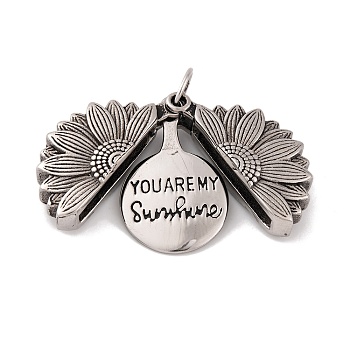 Openable 304 Stainless Steel Pendants, with Jump Ring, Flower with Word You Are My Sunshine, Antique Silver, 33.5x29x10mm, Hole: 8mm